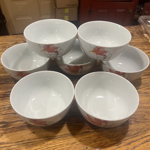 SET OF 7 Tabletops Gallery LILY Coupe Soup Cereal Bowls Red Flower Minimalst EX - Picture 3 of 6